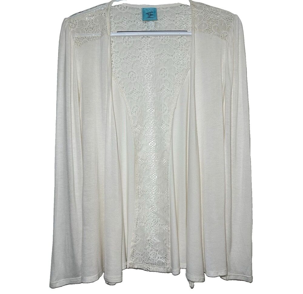 h.i.p. White Open Front Cardigan Size M Lace Back Boho Lightweight Made in USA